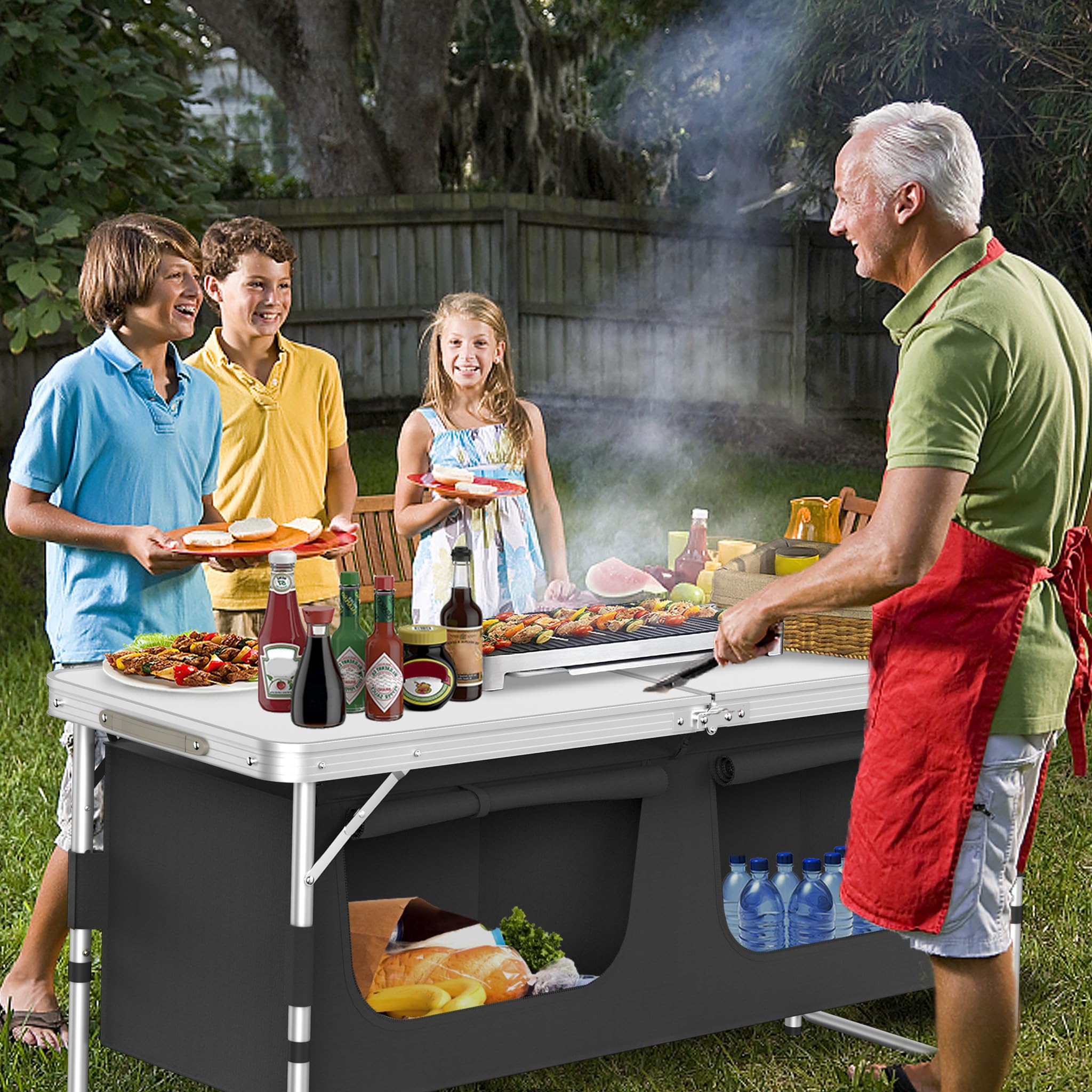 Aufun Campingküche 120x47x62 cm Faltbarer Campingschrank mit Tragetasche 2-Fach Verstellbare Höhe Arbeitsplatte Staufächer