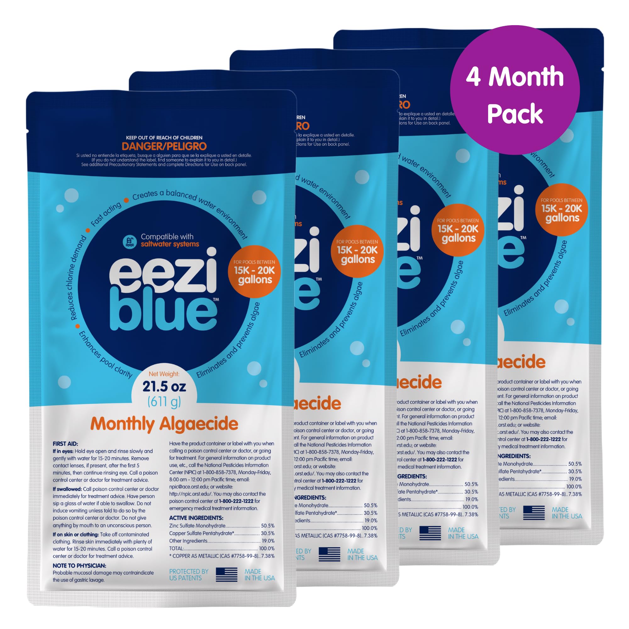 Monthly Pool Algaecide Bundle | Pool Booster for All Algae in Above Ground and In-Ground Swimming Pools, 4 Month Pack (15k - 20k Gallons)