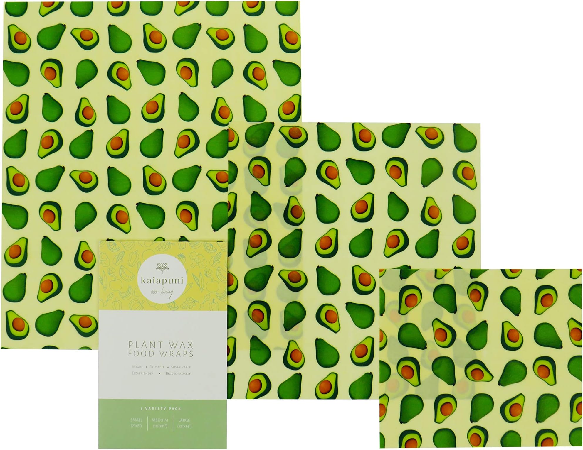 Vegan Reusable Wax Food wrap - NO Beeswax - Cling Film Alternative - Waxed Paper for Food - The Perfect eco Friendly Gift - Organic Cotton - Set of 3 - Avocado Print - Sustainable - Zero Waste
