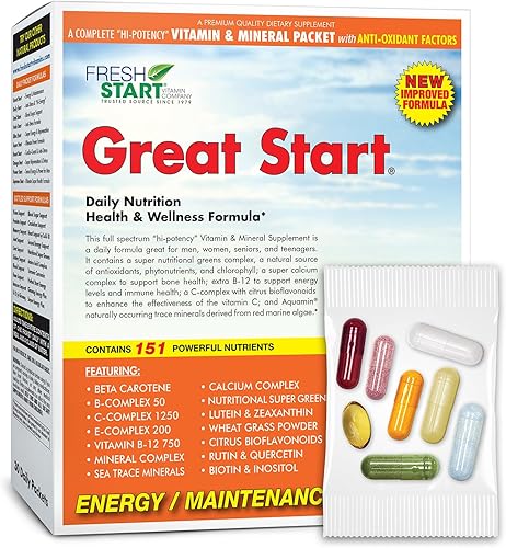 Great Start - Paquete completo de vitaminas diarias | Energía y esenciales | Vitamina A, B, C, D, E, B12, biotina, minerales, calcio, magnesio,