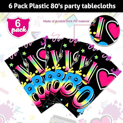 Miniatura 4 de Tegeme Paquete de 6 manteles de plástico para fiestas de los años 80, suministros de cumpleaños de los 80, decoración de hip hop de los 80,
