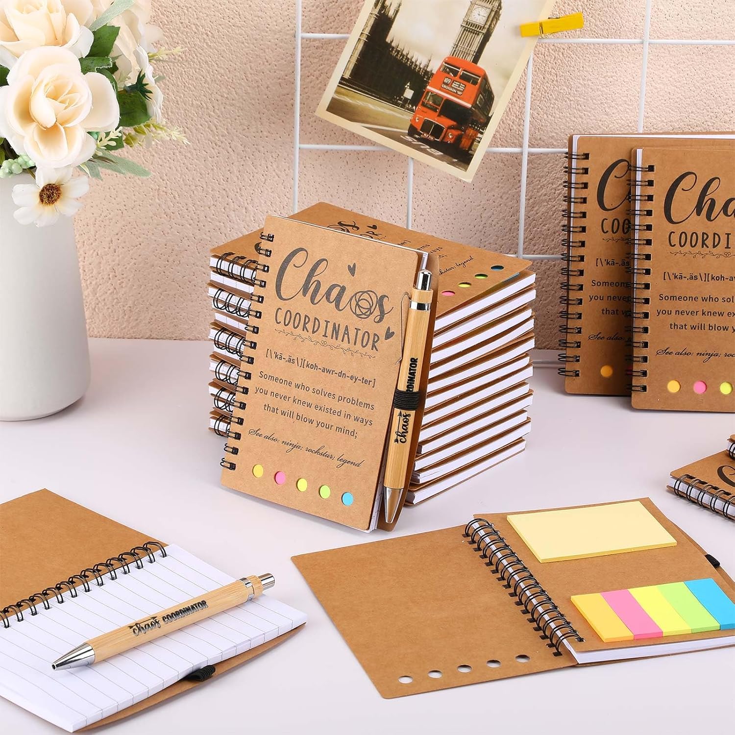 Skyygemm 20 Sets Employee Appreciation Gifts Spiral Notebook Journal with Sticky Notepad Index Tabs Thank You Gifts Notepad with Bamboo Pen Bulk for Teacher Cna Nurse Coworker(Chaos Coordinator)