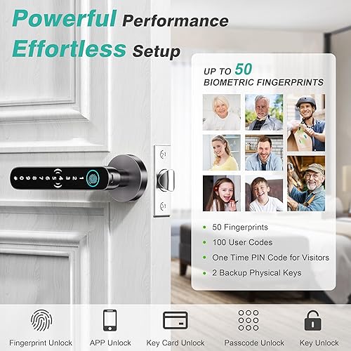 Miniatura 6 de Cerradura de manija de puerta de huellas dactilares 5 en 1 para dormitorio, perilla biométrica inteligente con código, pomo de puerta eléctrico con
