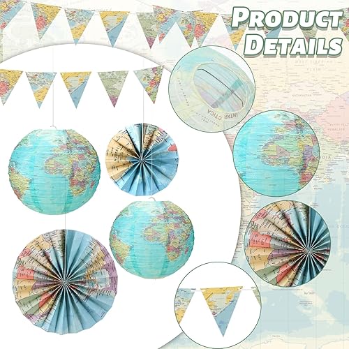 Miniatura 4 de 19 piezas de mapa del mundo para decoración de aula, globos de decoración de fiesta temática de viaje, faroles de papel colgantes, banderas
