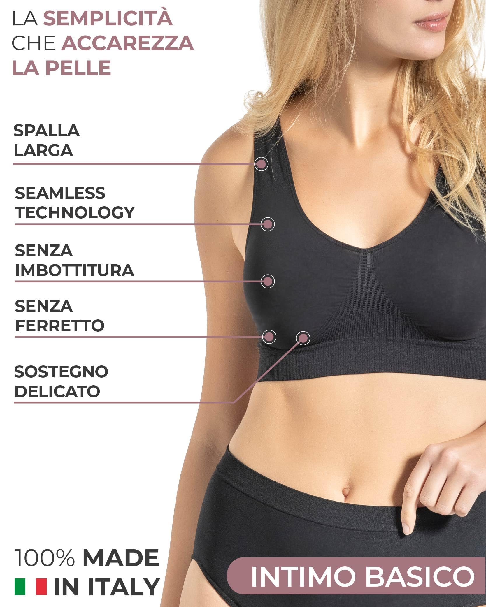 Risalti Reggiseno Senza Ferretto Spalla Larga 3 pz - Bralette Donna Senza Cuciture ed Etichette, Reggiseno Donna in Microfibra Elasticizzata, Brassiere, Top Morbido, Intimo - Made in Italy
