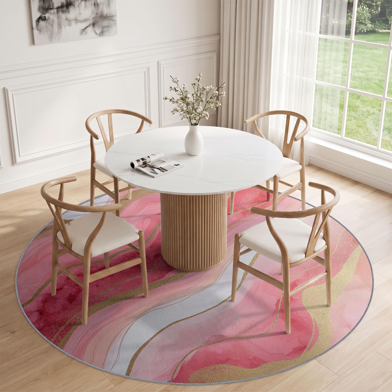 Tapis Rond Salon Minimaliste Aquarelle Lavable en Machine 160 cm Rose