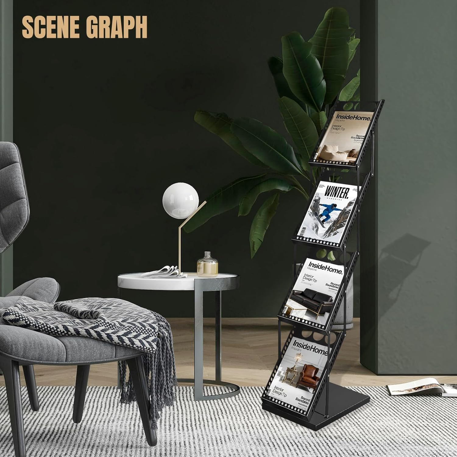 Foldable Magazine Brochure Display Rack, Literature Catalog Rack, Floor-standing Magazine Holder for Office Store, Exhibition and Trade Show (4 Pockets)