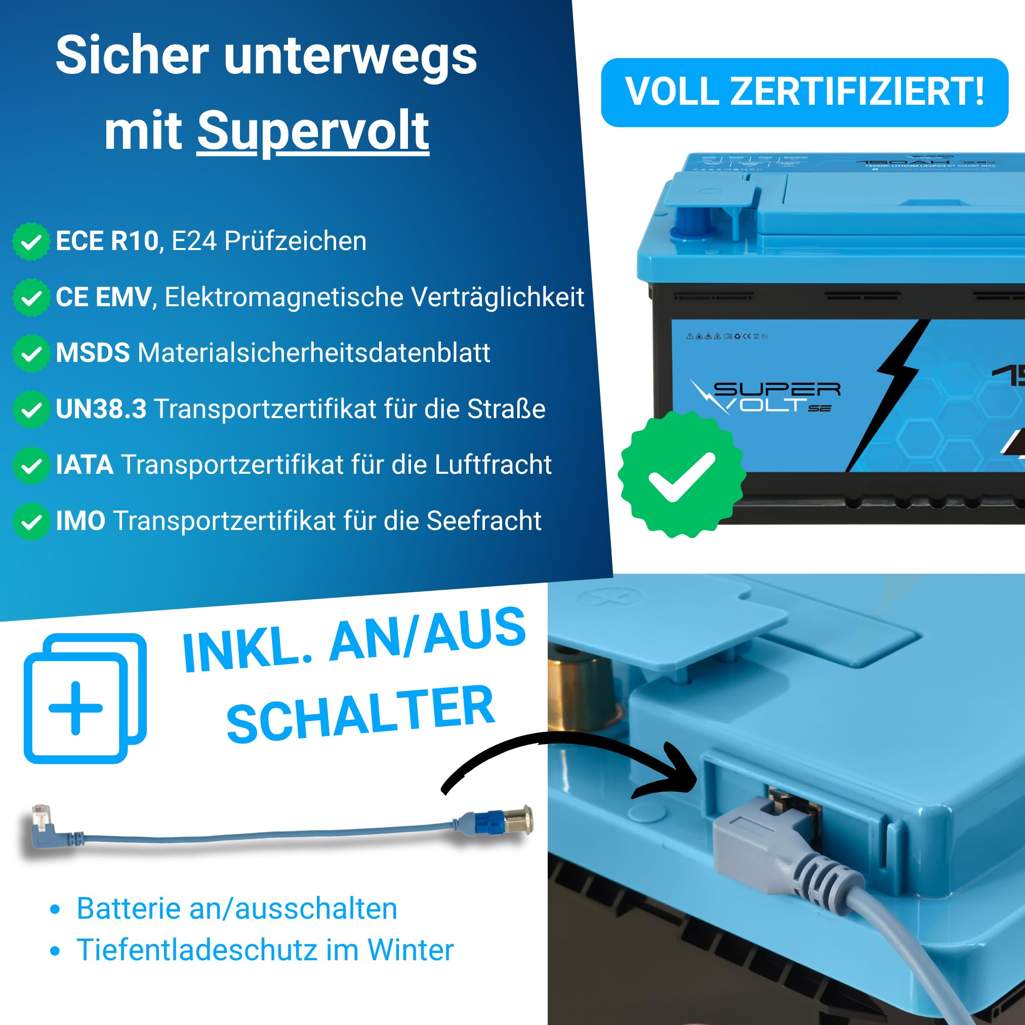 LiFePO 2 batterie al litio da 12 V, 150 Ah, capacità utilizzabile al 100%, Smart BMS e Bluetooth, dimensioni Plug & Play DIN, per camper, camion, barca, solare