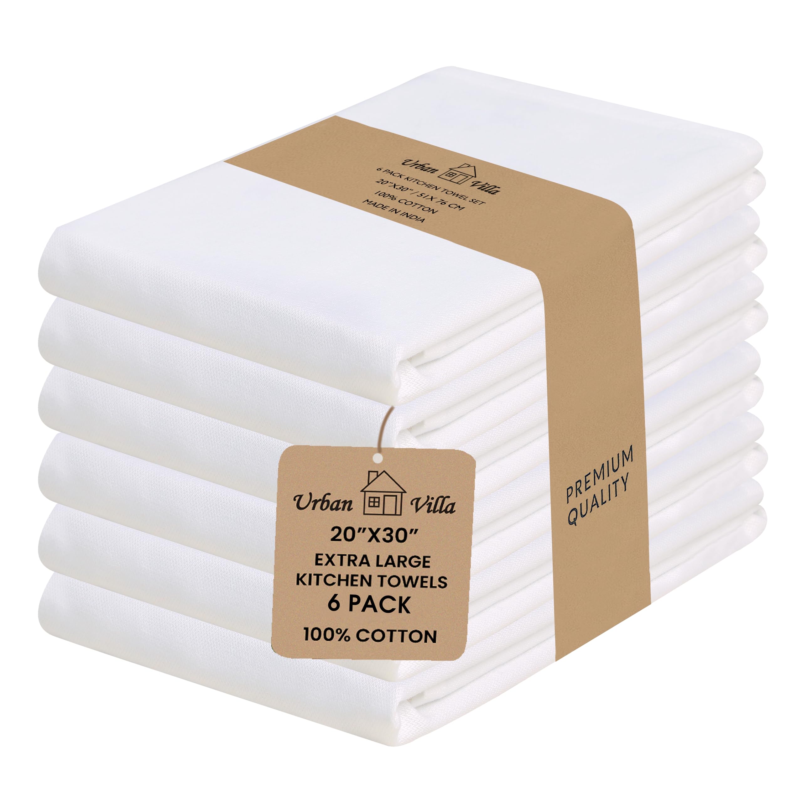 Urban Villa White Kitchen Towels,,100% Cotton Ultra Soft Dish Towels, (Size: 20X30 Inch), White Highly Absorbent Bar Towels & Tea Towels - (Set of 6)