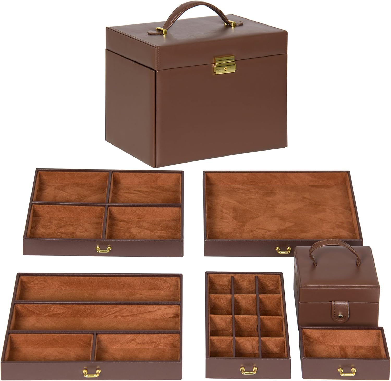 Best Choice Products Leather Collectors Organizer Storage Case for Jewelry Trinkets w/Mini Travel Case, Shelves, Hooks, Drawers, Pockets, Brown