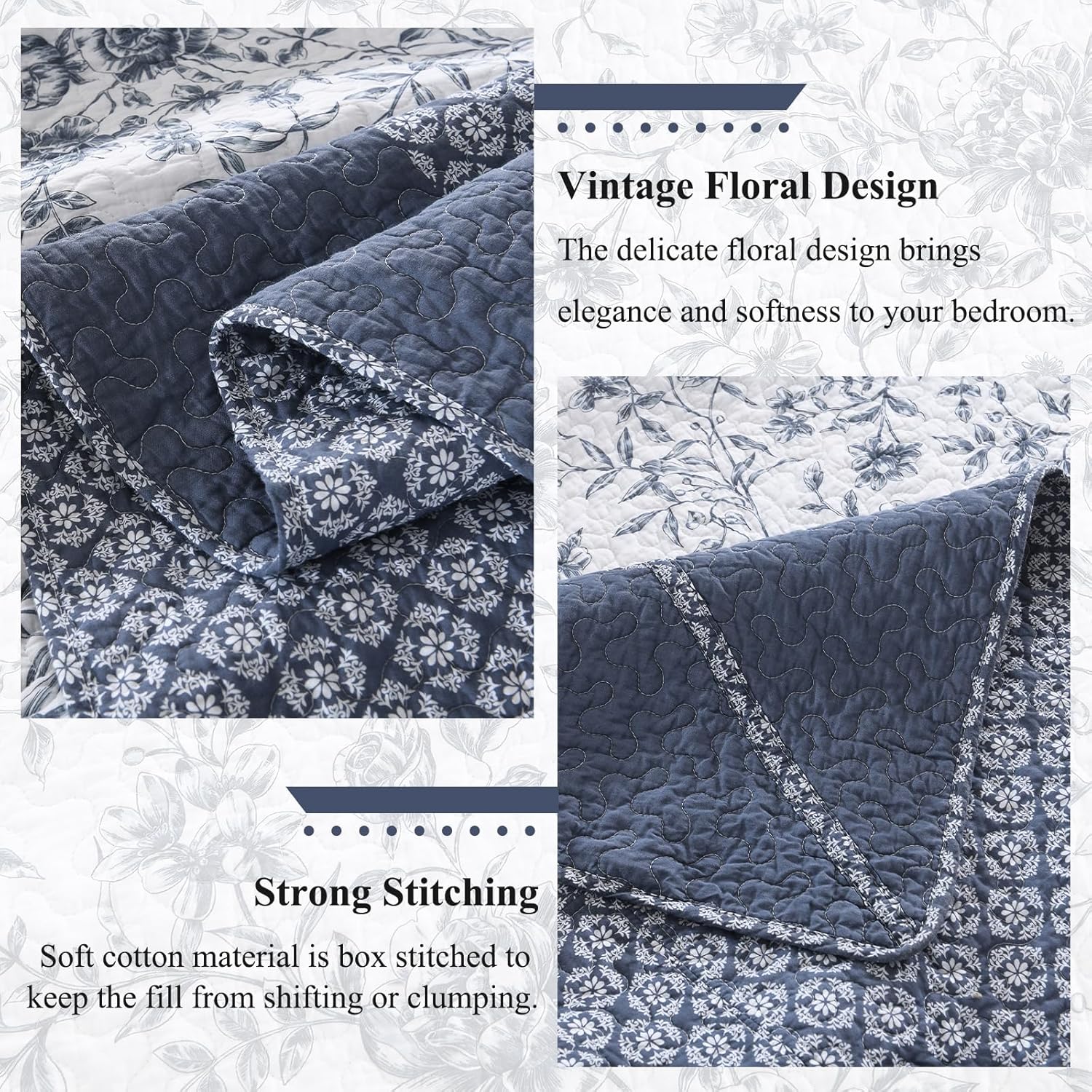 Oversized King Bedspreads 128x120 Extra Wide - Botanical Floral Farmhouse Reversible California King Quilt Set, 3-Piece Lightweight Thin Comforter, 100% Cotton, Cal King, Navy Blue/White - Image 6