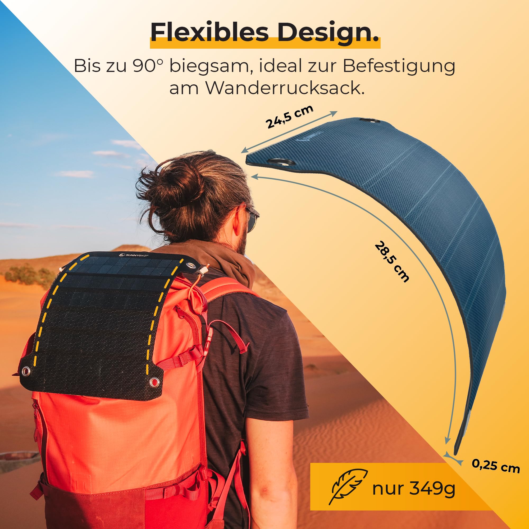 Sunnybag Solarpanel Leaf PRO 7,5 Watt [Ultraleicht, Flexibel, Tragbar, Wasserfest] - solar ladegerät mit USB-Port für Smartphone & Powerbank - Solar Camping - Inkl. USB-C Kabel mit Leistungsanzeige