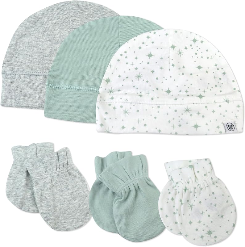 Baby 100% Organic Cotton Multipack Cap Hats and No Scratch Mitts