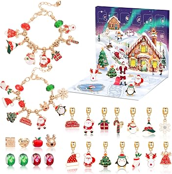 2026 Christmas Advent Calendar Bracelets, 24 Days Christmas Countdown Calendar with 2pcs DIY Charm Bracelets Kits,DIY Christmas Charm Bracelet Gifts