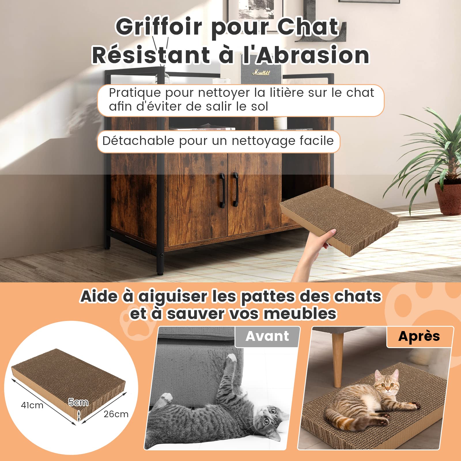 COSTWAY Meuble Litiere Chat en Bois, Meuble Cache Litiere Double Porte 2 en 1, Planche à Griffer Amovible, Cadre en Métal, 1 Passe-Câble, 2 Compartiments, Maison de Toilette Chat, Café
