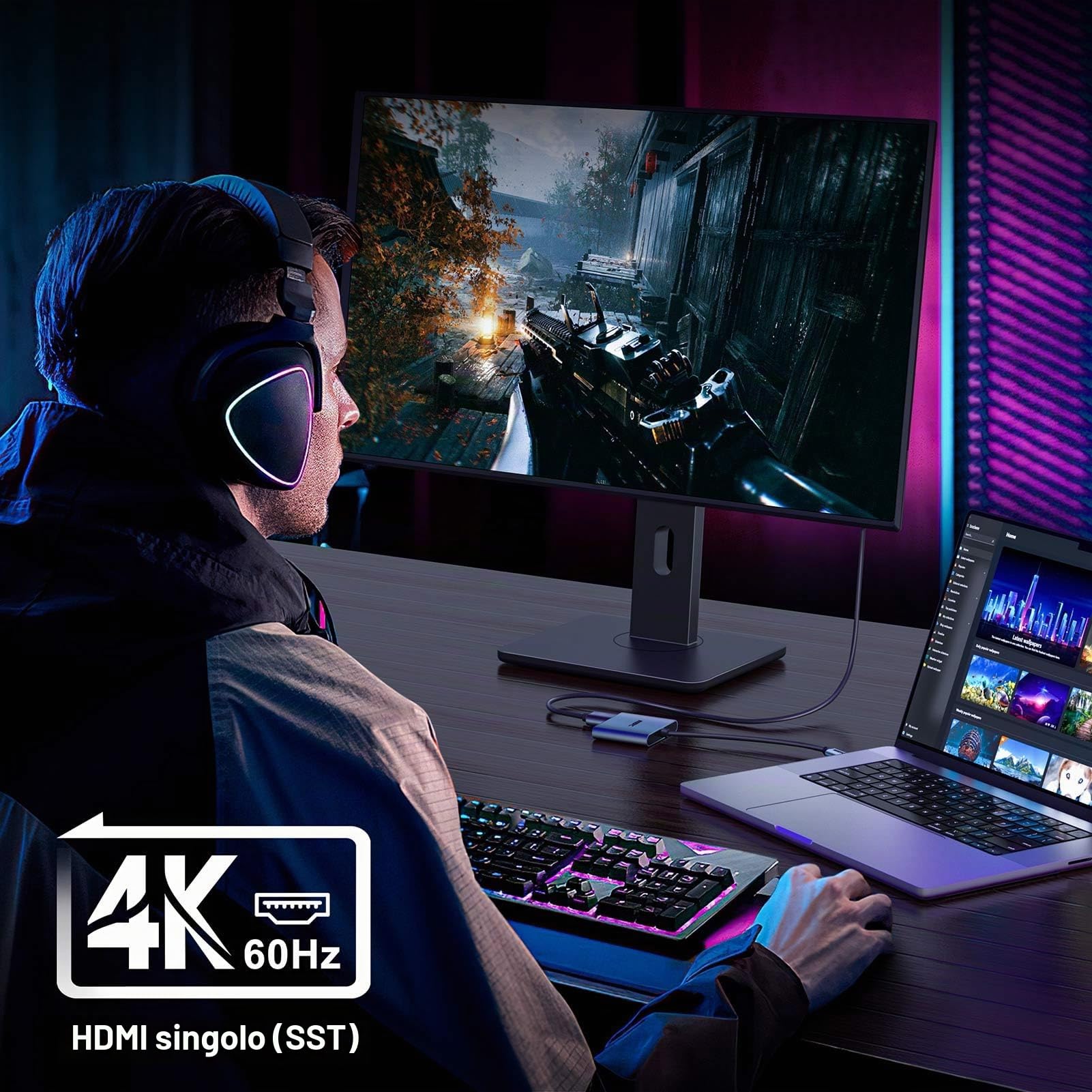 KOZYC Adattatore da USB C a doppio HDMI, 4K a 60 Hz, splitter da tipo C a HDMI, display esteso per MacBook/MacBook Pro Air Dell XPS13/15, Samsung Galaxy S9/S9+ (MST supporta solo Windows OS)