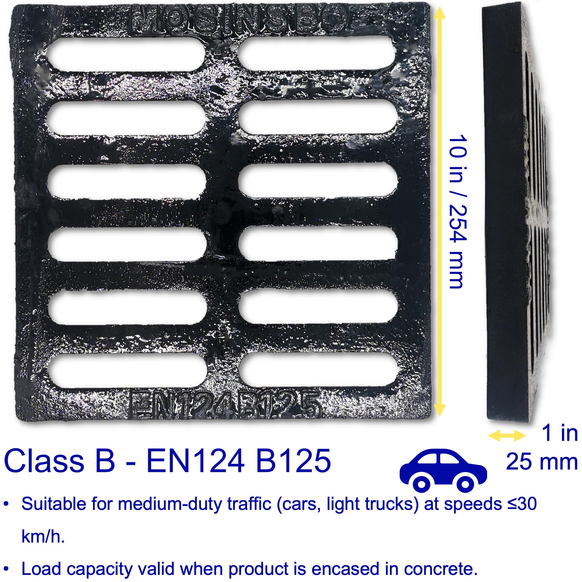 Fonte Ductile Grille de Drain 254x254 mm, Classe B125, Haute Résistance Grille de Caniveau pour Allée et Cour, Carré Grille d'Égout pour Extérieur, Noir