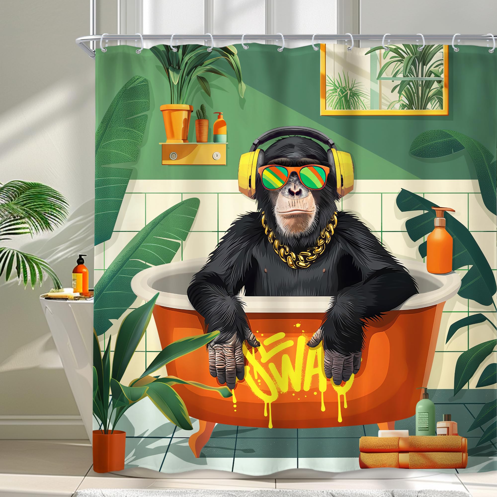 Newsely Funny Monkey Shower Curtain, 72'' x 72'', Tropical Palm Leaves, Animal, Bathing in the Bathtub, Modern, Cool, Shower Curtain, Bathroom Set for Boys and Men, Waterproof, Bath Decoration,