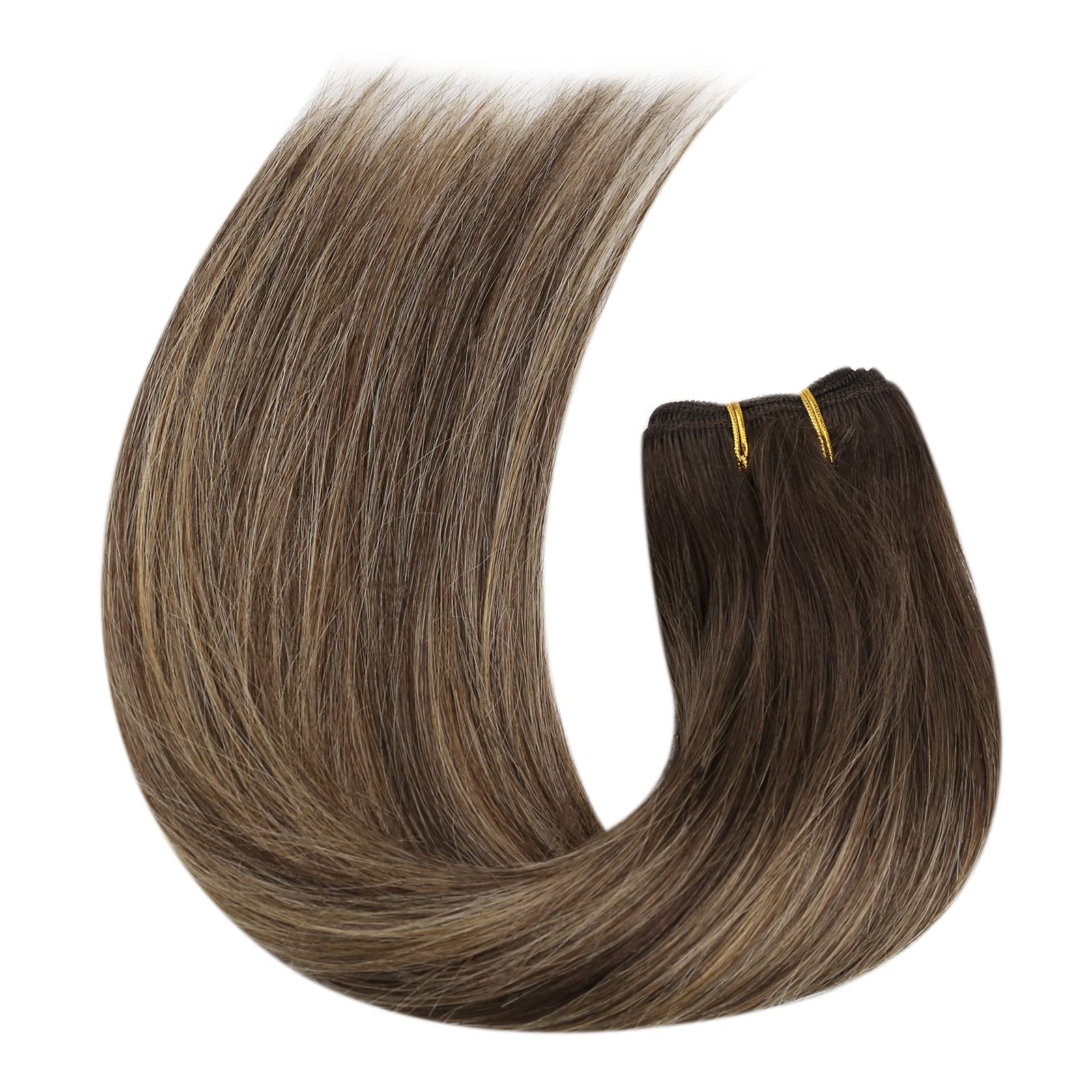 Moresoo Balayage Human Hair Extensions Weft 20 Inch 100G Double Weft Sew in Hair Extensions Remy Hair Brown Ombre to Caramel Blonde #4/27/4 — view 9