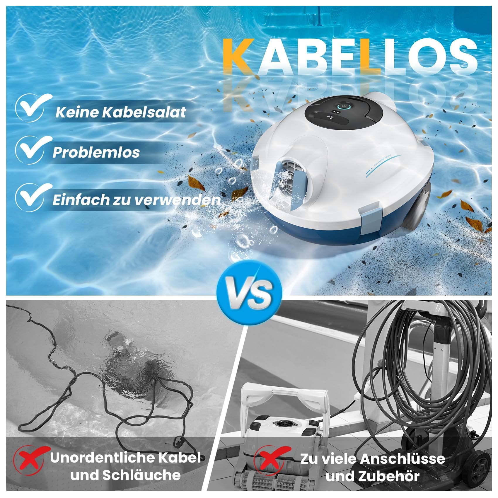Poolroboter, kabelloser Poolsauger, Schnurloser Roboter-Poolreiniger, automatischer, leistungsstarker Poolsauger, 120 Minuten Laufzeit, selbstparkend, ideal für Flache Böden bis 100 m²(Weiß)