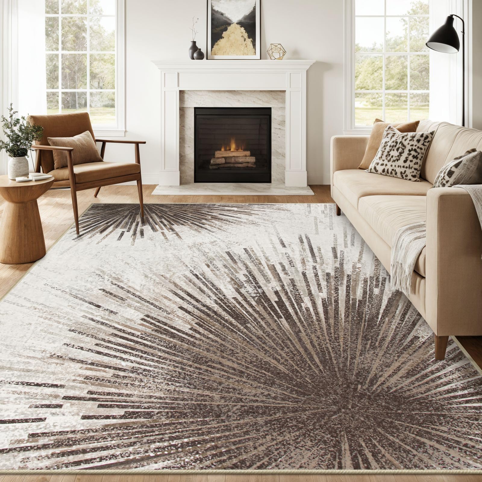 Lahome Modern Living Room Rugs 8x10 Area Rug - Washable Ultra-Thin Soft Large Rugs Non-Slip Stain Resistant Dining Room Rugs for Under Table, Abstract Print Rug for Bedroom Office (Brown/Gray, 8'x10')