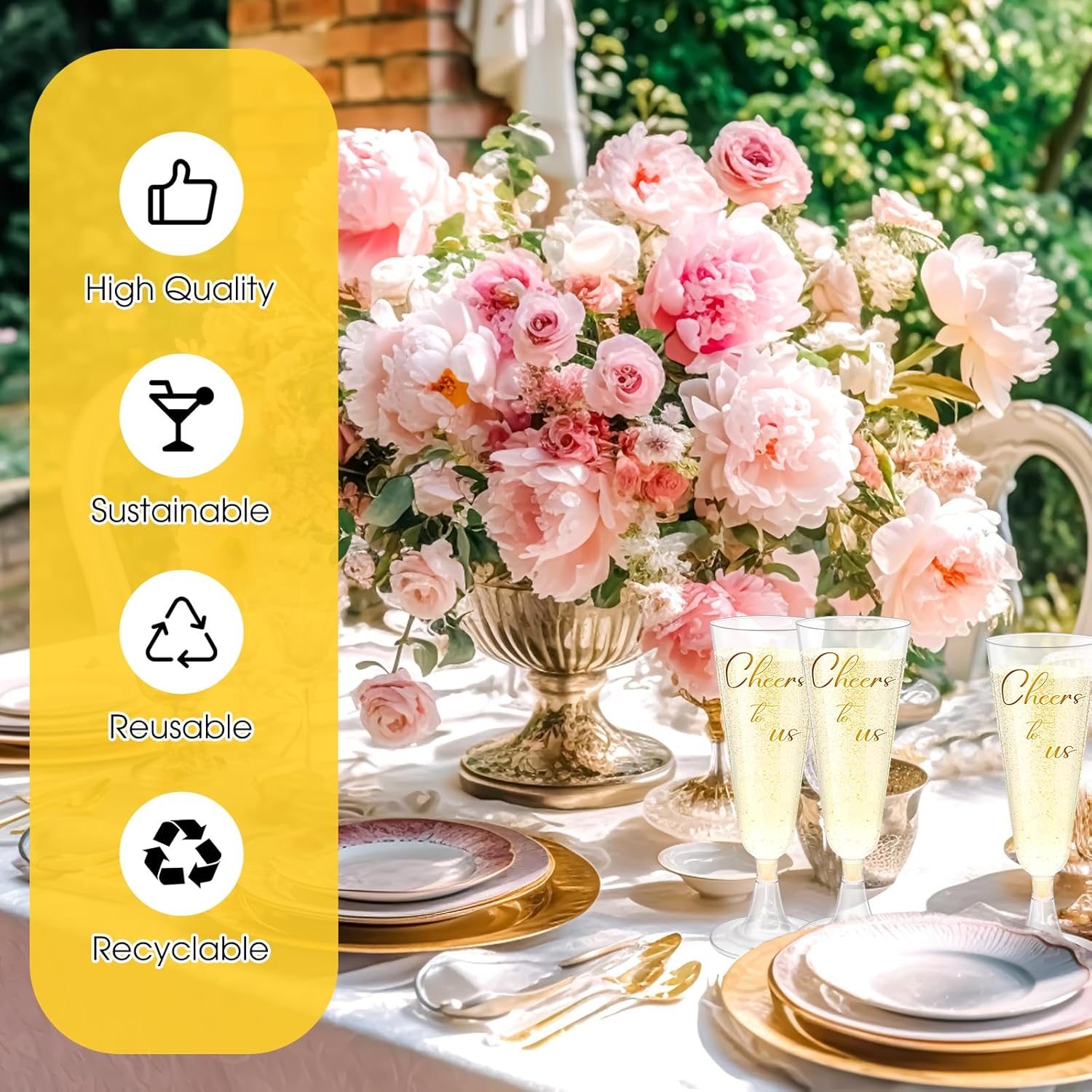 Honeydak 100 Pack Wedding Disposable Champagne Flutes 4.05oz Plastic Toasting Glasses with Gold Cheers Print, Recyclable Clear Hard Wedding Cup for Party, Baby Shower, Cocktail,Celebrations, Party