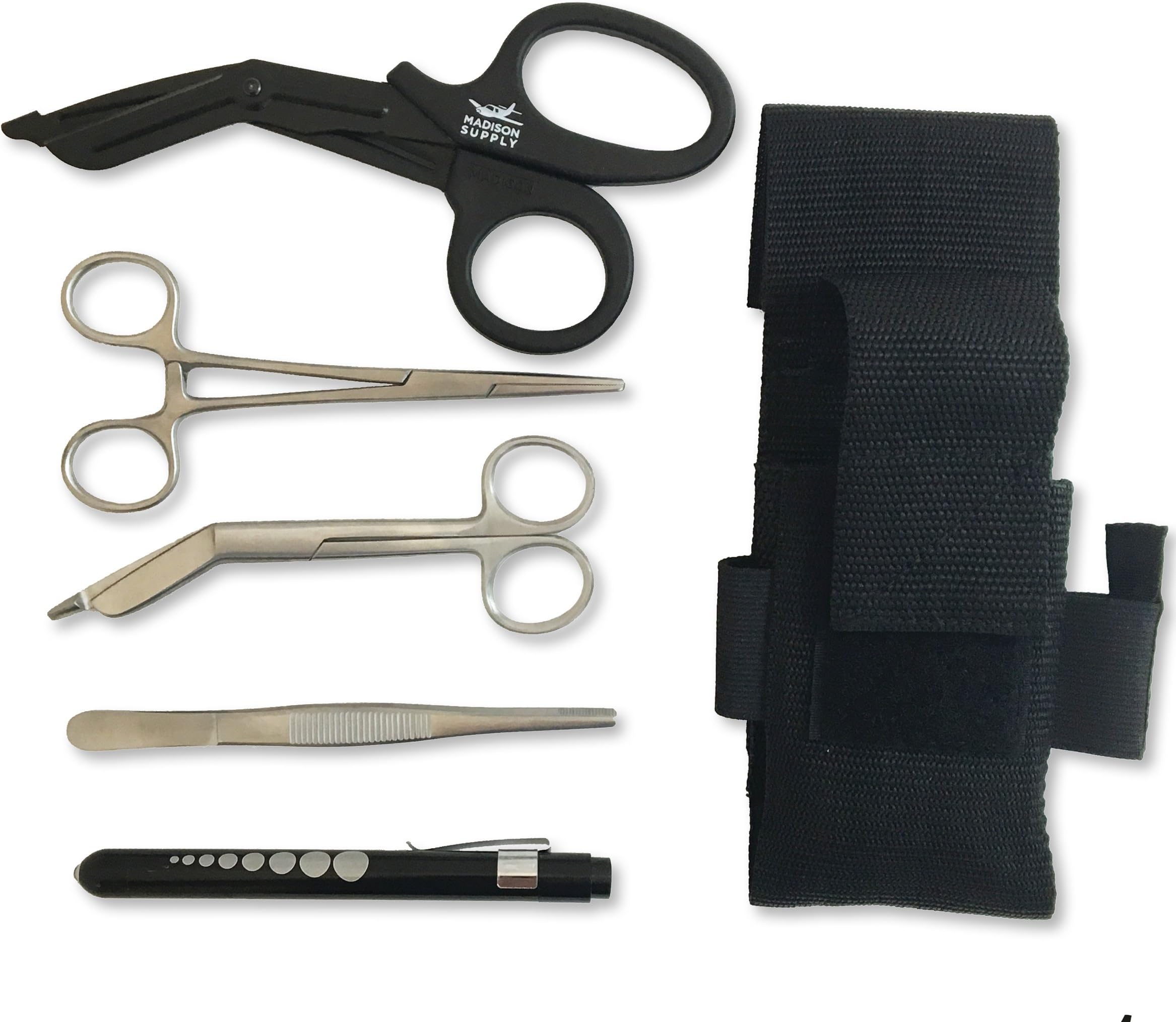 Madison Supply - EMT and First Responder Medical Tool Kit: Adjustable Nylon Belt Pouch, Premium First Aid Gear: EMT Shears, 5.75" Bandage Scissors, 5.75" Forceps, 6" Hemostat, and Pupil Light