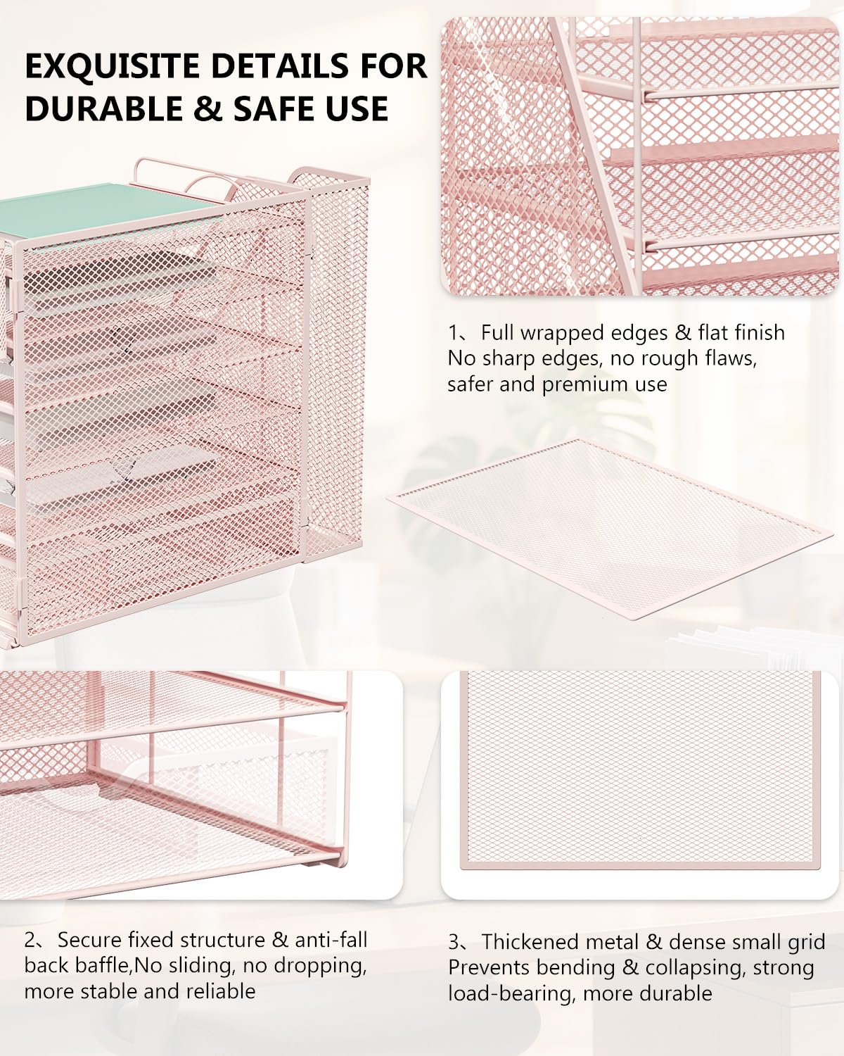 WALI Desk File Organizer, 6 Tier Desktop Paper Letter Tray Organizer with Drawer and 2 Pen Holders, Office Desk Accessories & Workspace Organizers for Office, Home Supplies(DO007DH-P), 1 Pack, Pink view 5