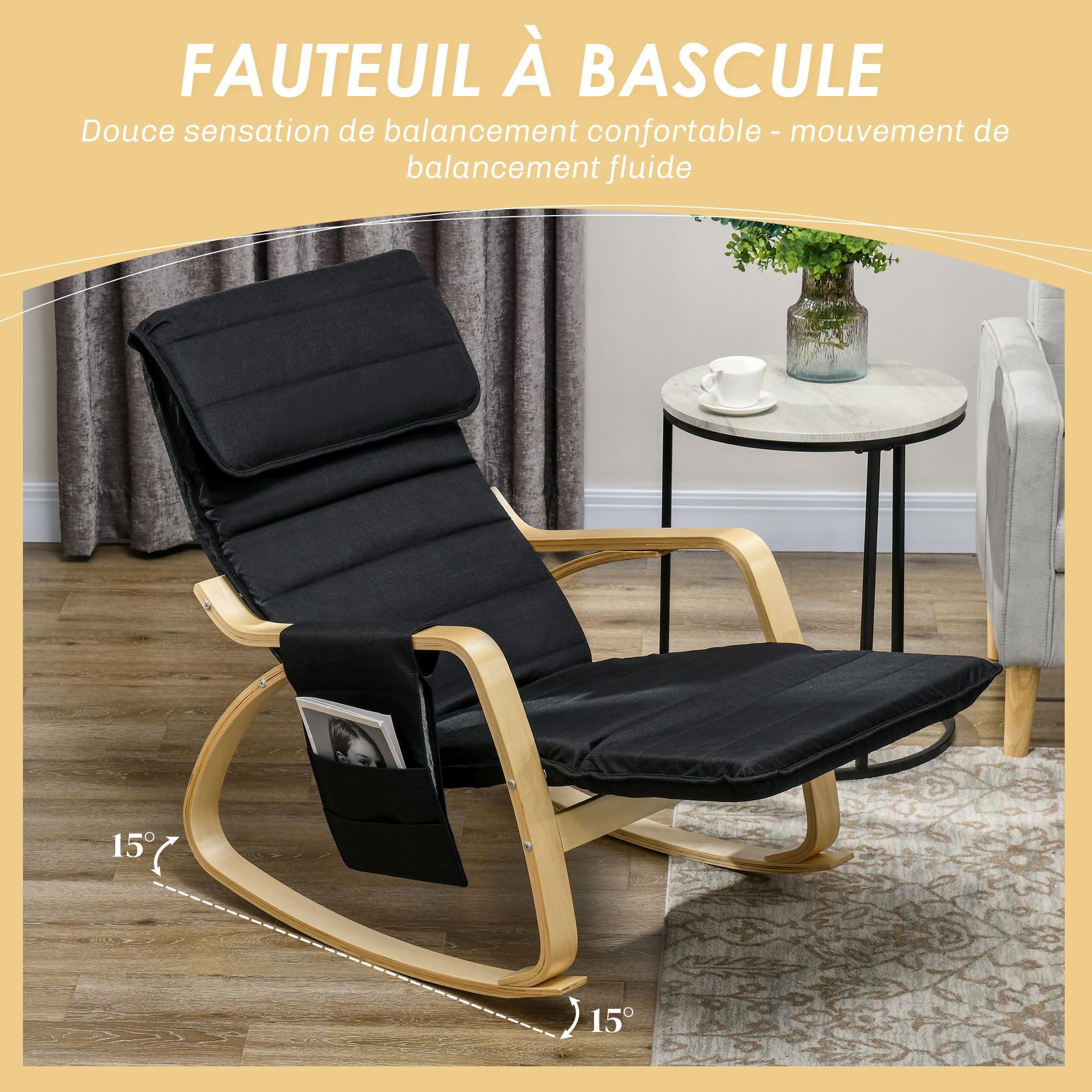 HOMCOM Fauteuil à Bascule Fauteuil Allaitement Relax Salon avec Repose-Pieds réglable, Poche latérale et Appui-tête, Rocking Chair pour Chambre, 67 x 110 x 91 cm Noir