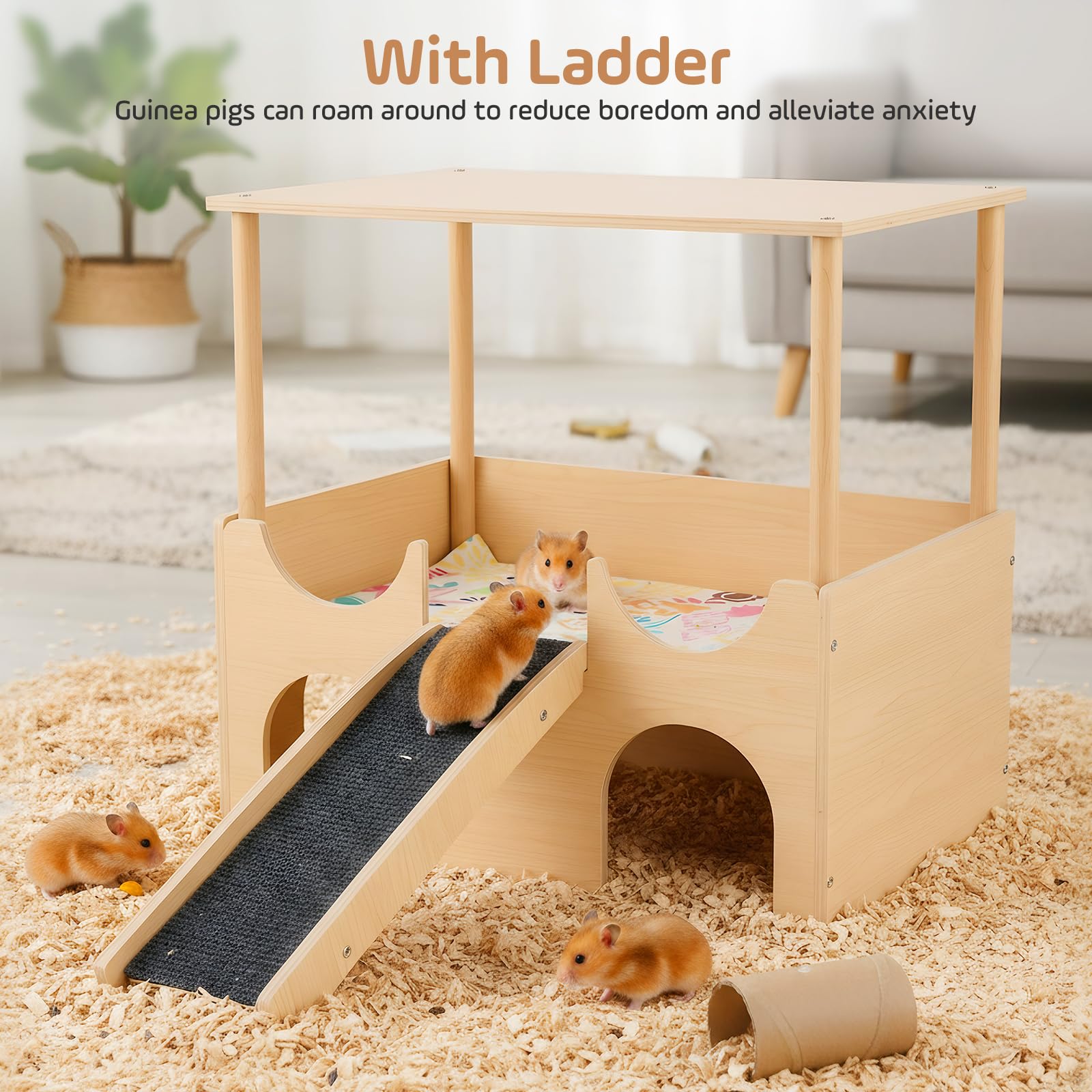 Meerschweinchen Haus aus Holz, 38 x 35 x 26 cm Meerschweinchen Versteck mit Treppe und Matten, Versteck für Kleine Haustiere Hamster Chinchillas Zwerg Degus Stachelmäuse Kaninchen