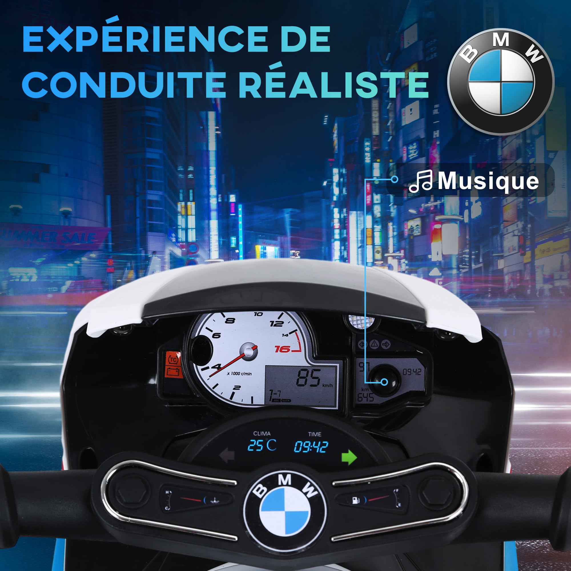 HOMCOM Moto électrique Enfants sous Licence BMW S1000 RR, 3 Roues, 6V et 2,5 Km/h, Voiture électrique Enfants avec Effets Lumineux et sonores, Moto Enfant, Charge Max. 20 kg, Bleu