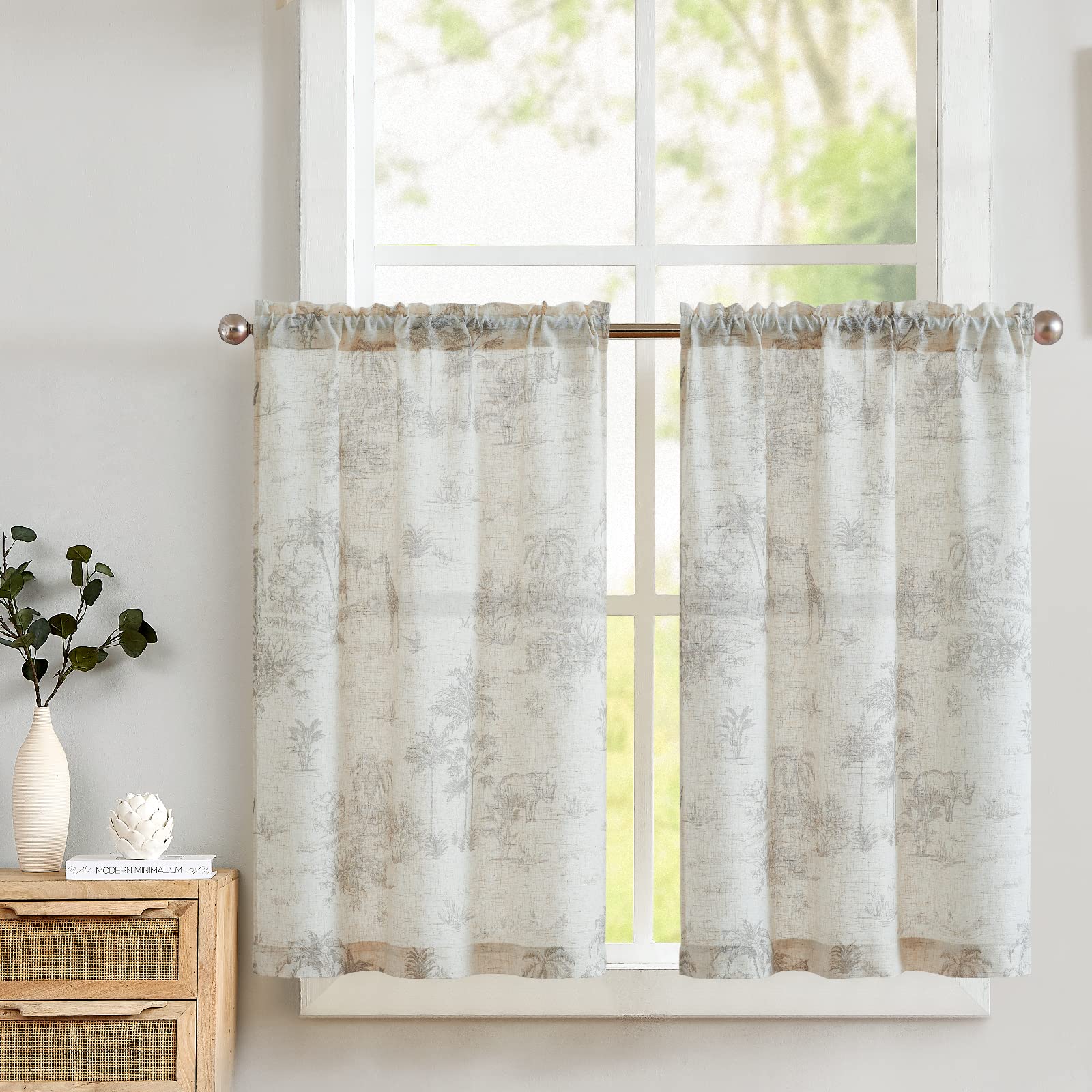 TOPICK Cortina de Cocina con Estilo Toile de Jouy de Lino con Bolsillo para Varilla Translúcido Aptas para Cocina Salón Lavadero y Pequeñas Ventanas Gris Juego de 2 Unidades 65 x 90 cm
