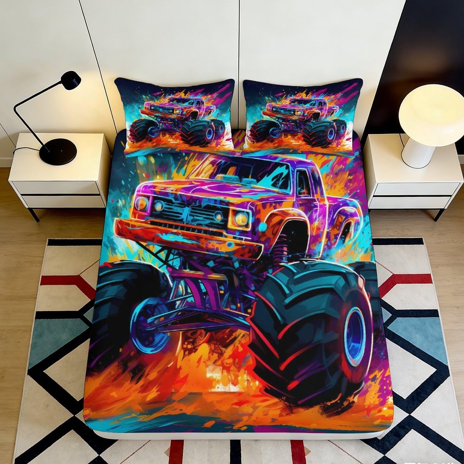 Pnayamiorkfel Style-8 3D Printed Monster Truck Fitted Sheet Microfiber Vibrant Flames Bed Cover For Bedroom Guest Room Decor Easy Care 90X200x25cm