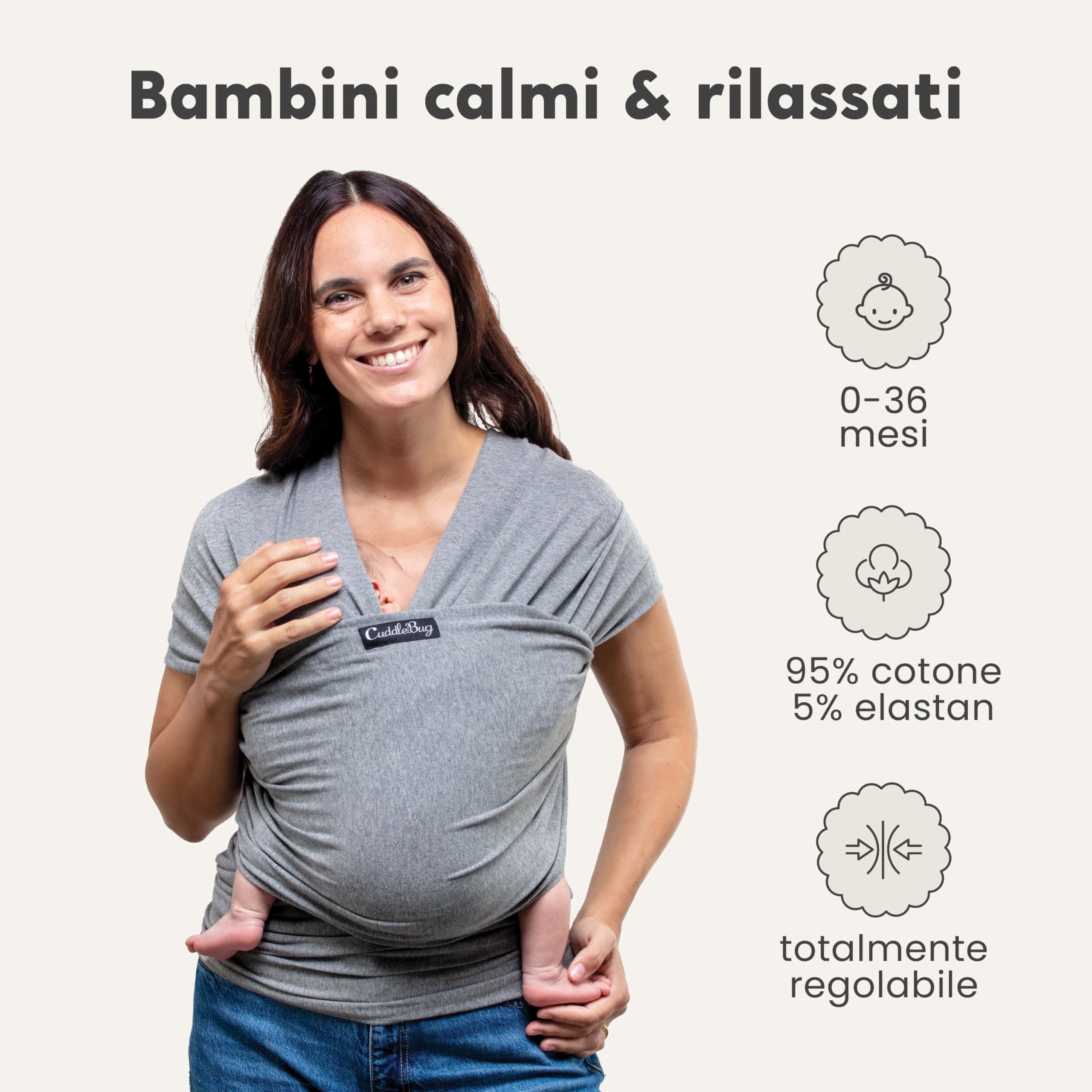 CuddleBug Fascia Porta Bebé Neonato e Bimbi fino a 16 Kg – Fascia Neonato per Trasporto a Mani Libere – Marsupio Bambino a Fascia – Ideale come Regalo Nascita e Baby Shower (Grigio/Grey)
