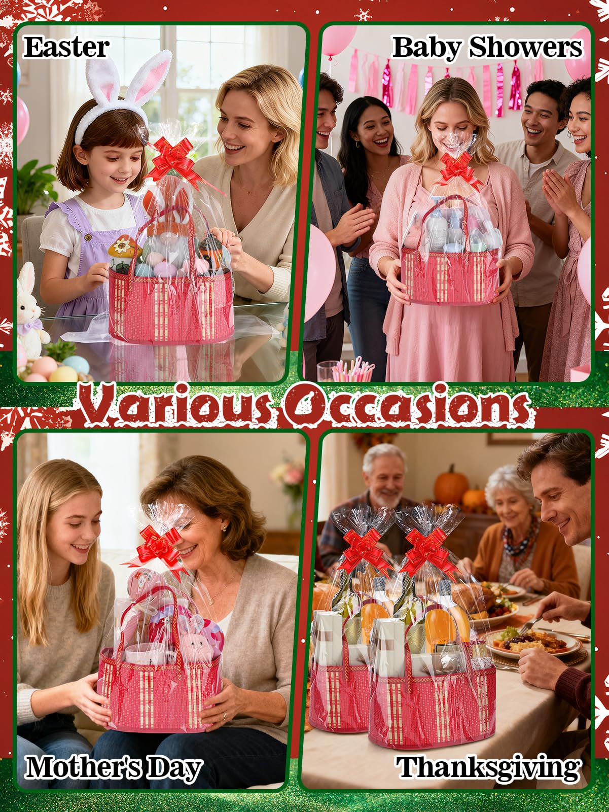 MADHOLLY Gewebte Bambuskörbe für Geschenke, leer – faltbares, stabiles Geschenkkorb-Set zum Verpacken mit Griff, Zellophanfolie, Zugschleifen, für Halloween, Erntedankfest, Einweihung, Geburtstag