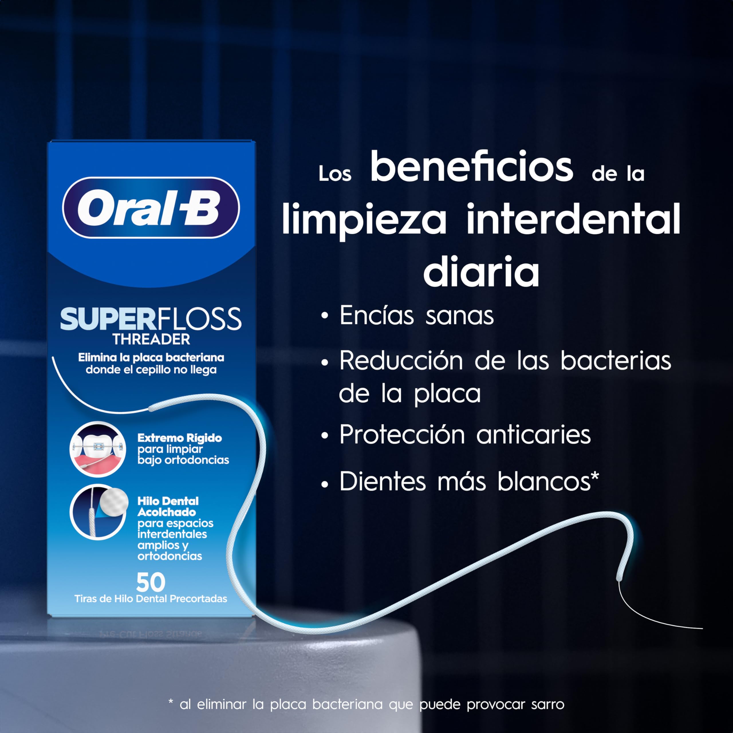 Oral-B Superfloss Seda Dental Threader, Elimina La Placa Bacteriana Y El Sarro, Puntas Rígidas O Seda Dental Acolchada, Para Limpiar Brackets Y Aparatos, 50 Hebras Precortadas - 3