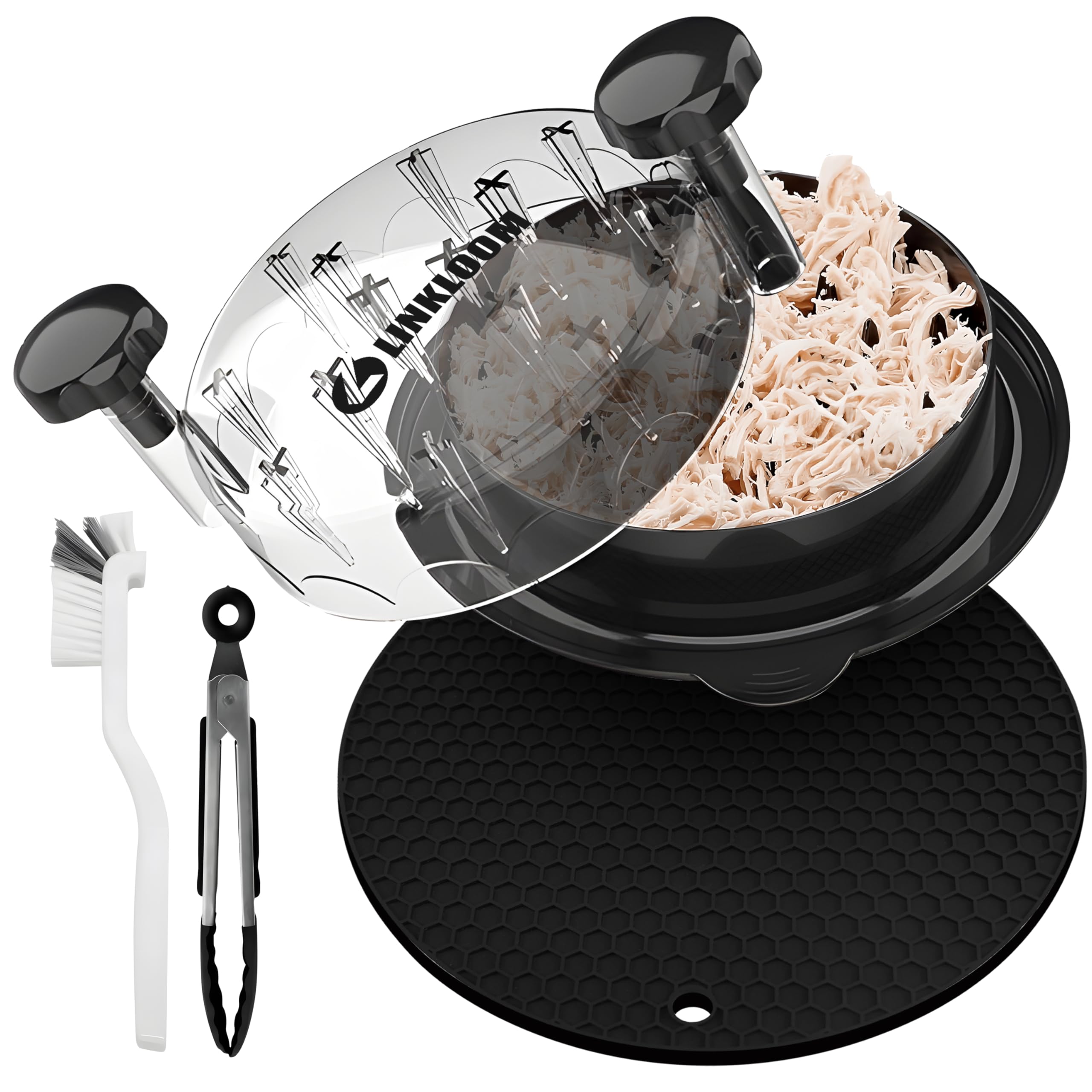 LINKLOOM Chicken Shredder Machine with Brush Pliers & Pot Holder | Visible Chicken Shredder Tool Twist | Ergonomic Handle Anti-Slip Strip & BPA Free |