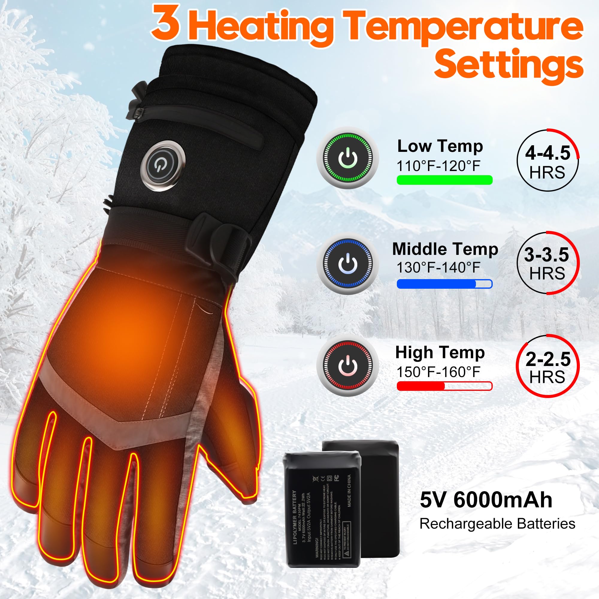 Guantes térmicos para hombres y mujeres, 6000 mAh, batería recargable, guantes calentadores de manos con pantalla táctil, guantes de esquí impermeables con calefacción eléctrica para invierno, trabajo