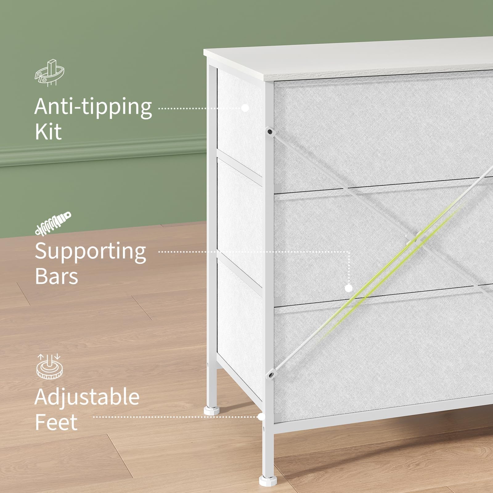 Garvee Modernes LED TV Sideboard mit 8 Schubladen – Stabiler Stahlrahmen & Spanplatte – Viel Stauraum – Für Wohnzimmer & Schlafzimmer – Weiß – Maße: 160x35x68cm – Kontinent
