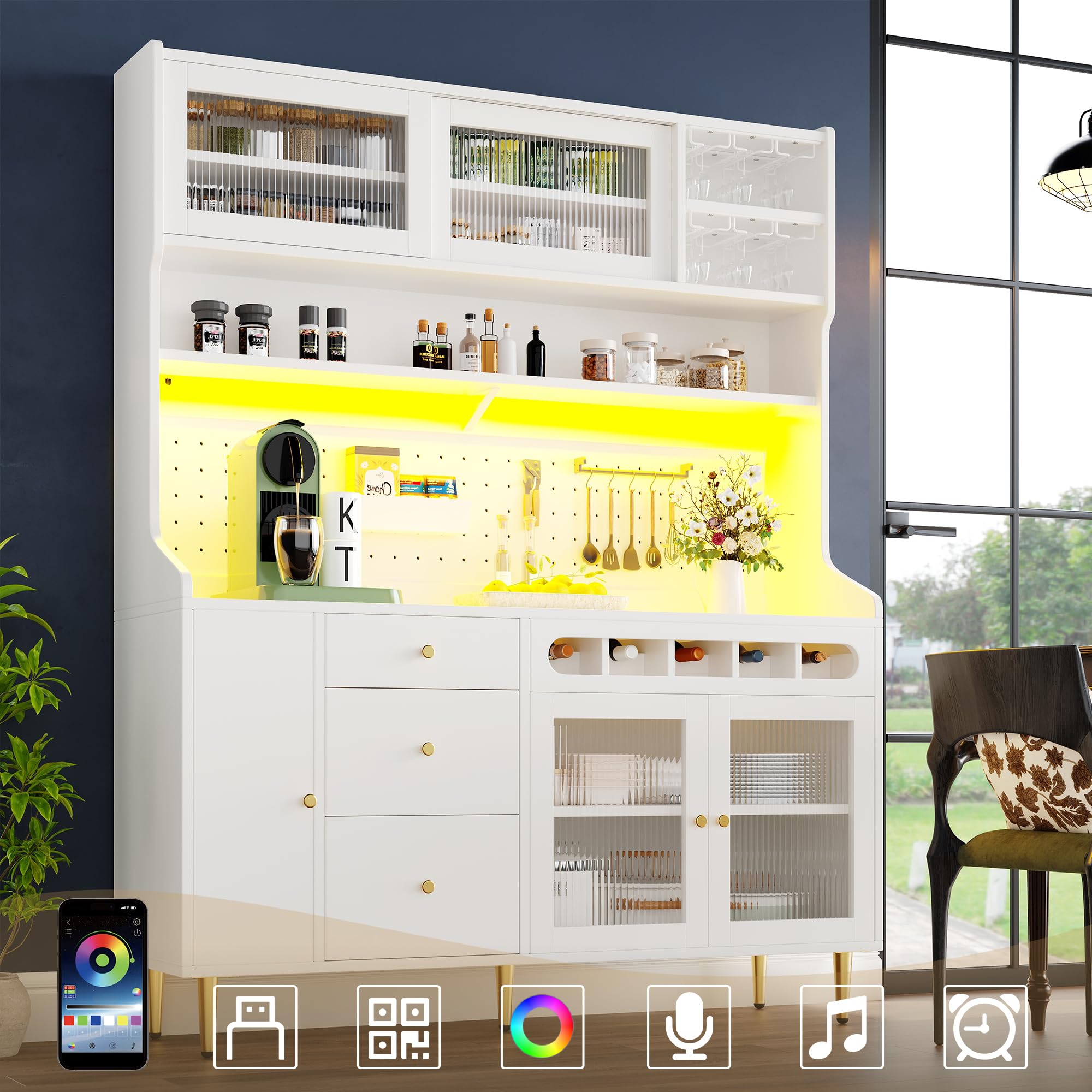 DRIXNO Hochschränke, Küchenschrank mit Arbeitsplatte, Buffetschrank, Schränke mit LED-Beleuchtung, Schublade mit Weinregal, Großer Stauraum, Küche, Wohnzimmer, Esszimmer, 145x39x171 cm, Weiß