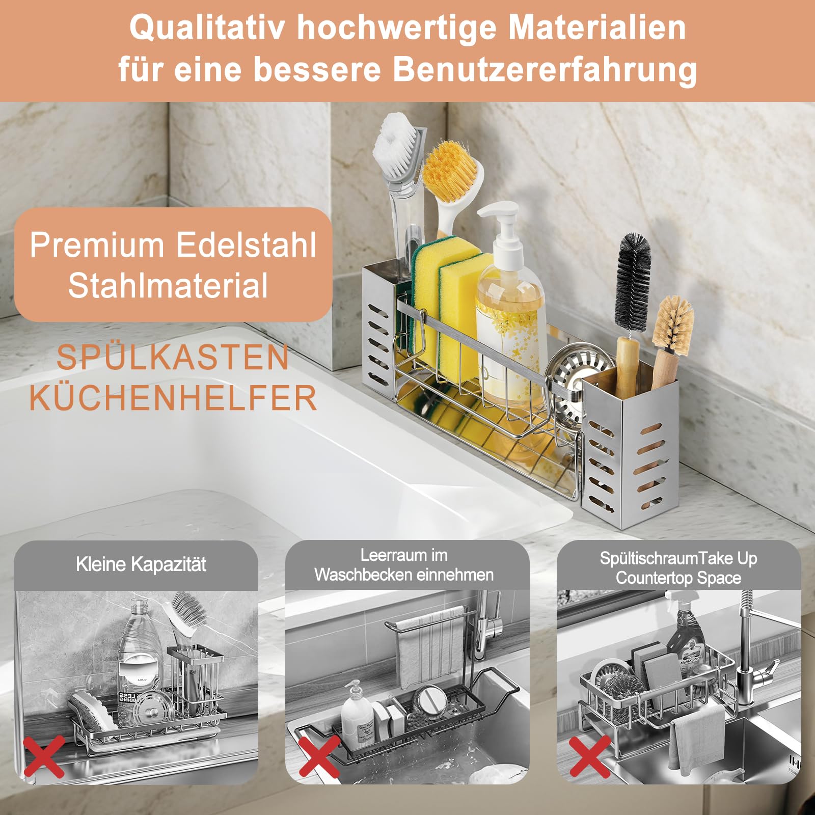 Spülbecken-Organizer, 304 Edelstahl Spülbecken Organizer mit Selbstentwässerung und großem Stauraum