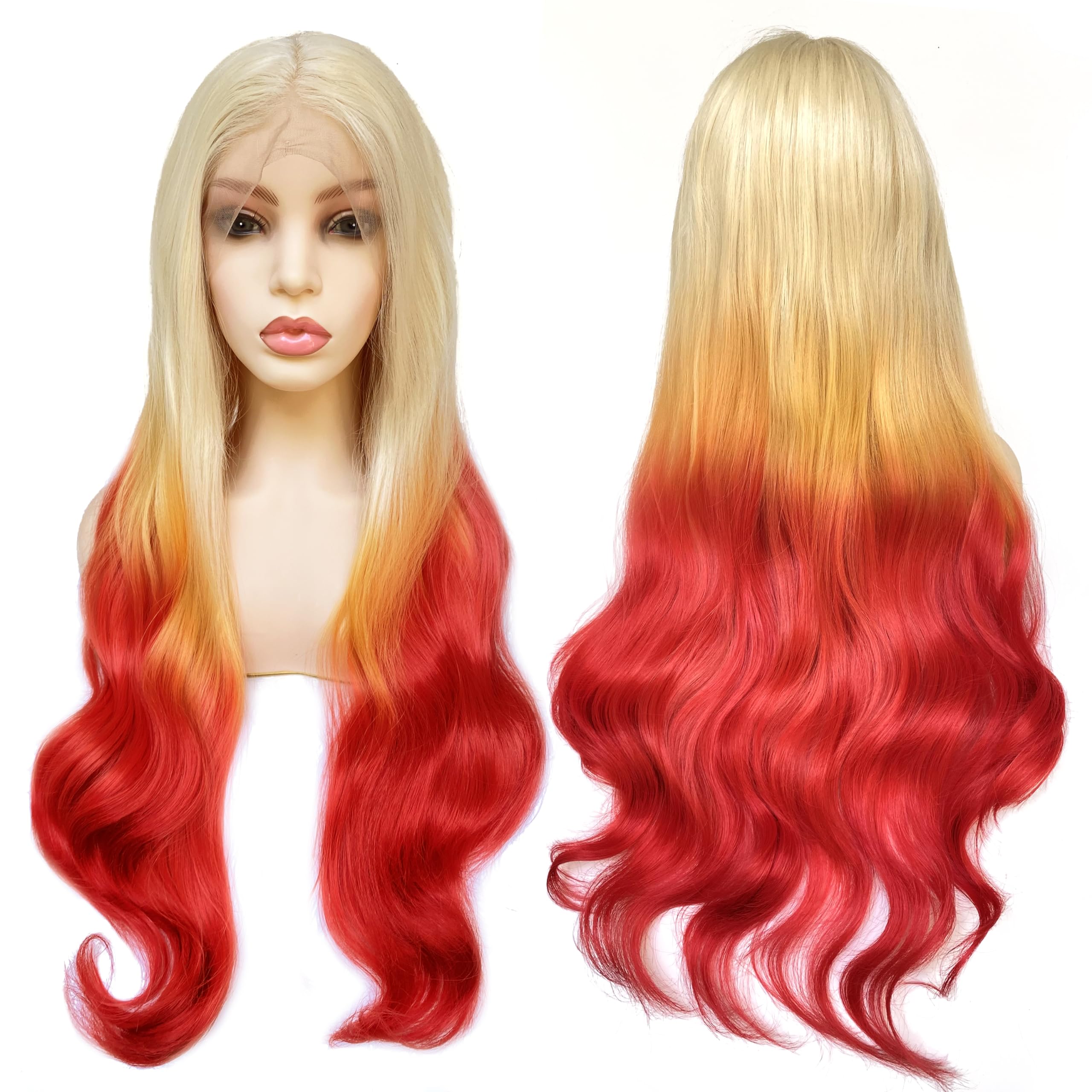 Ms Fenda Hair Ombre Color 13x4 Lace Front Synthetic Wavy Wig Heat Resistant Wig(24",T613/Yellow/Red)