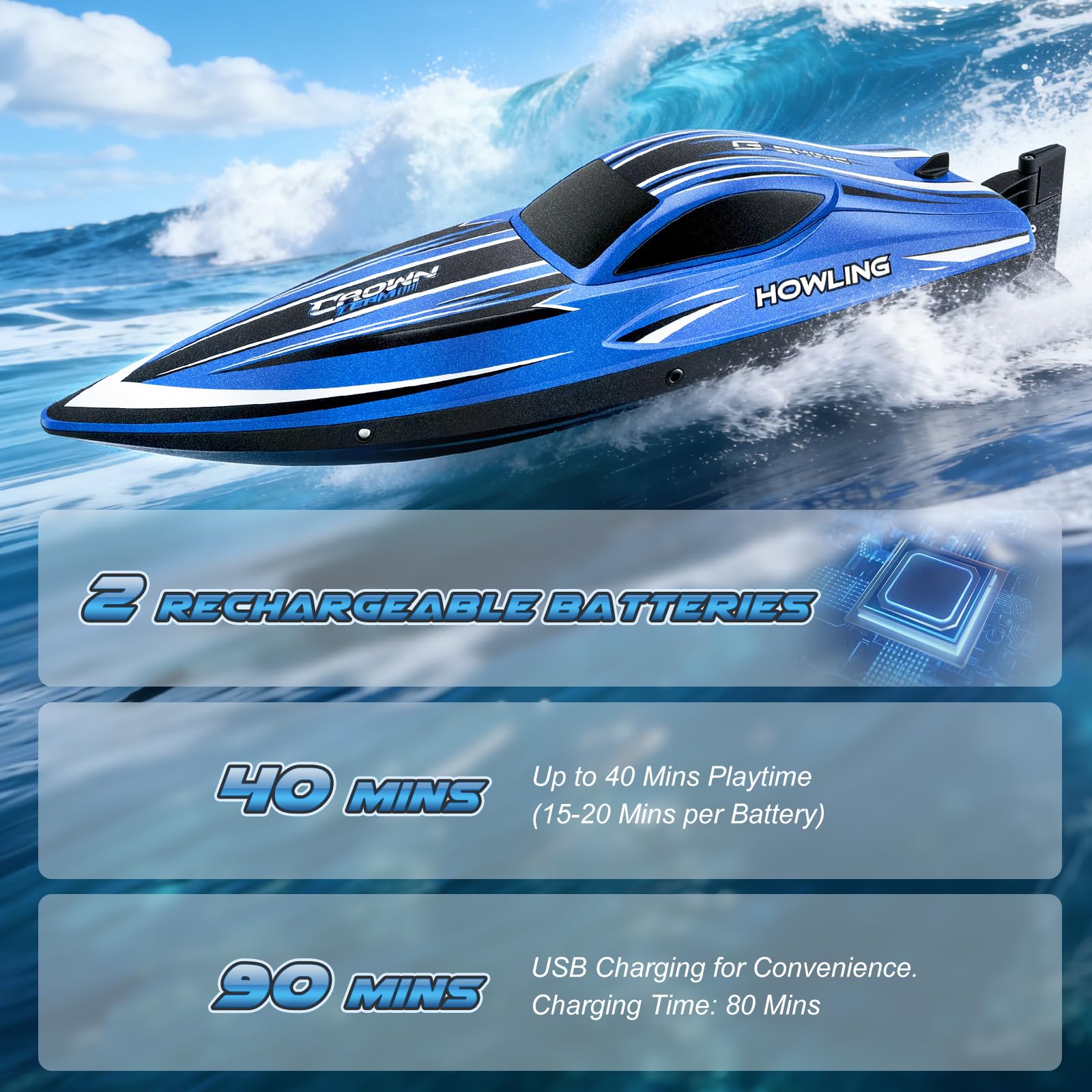 Ferngesteuertes Boot mit LED-Beleuchtung, 42CM RC-Boot, 35 km/h, Selbstaufrichtend, 2 Akkus, 2,4 GHz Fernsteuerung, Wasserdicht & Kentersicher, für Kinder Erwachsene, Pool See (blau)
