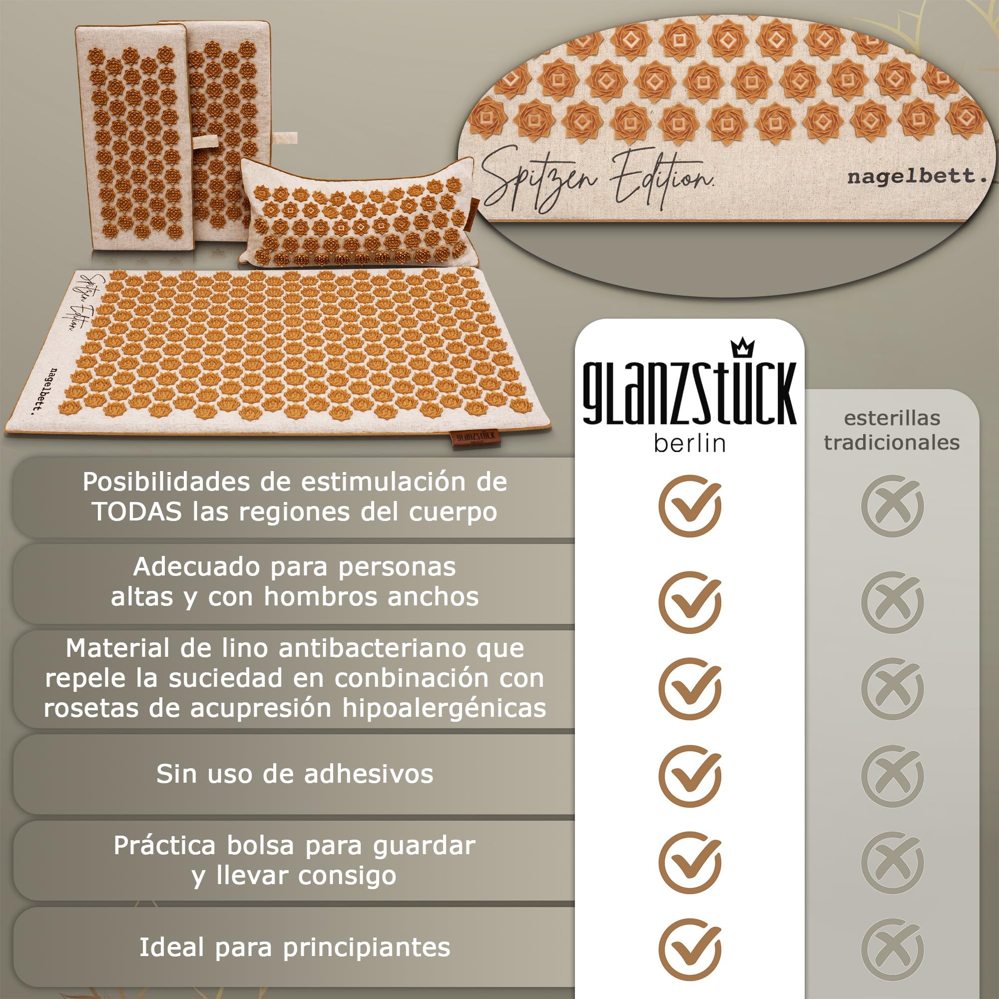 Glanzstück Berlin®: Esterilla de acupresión XXL para todo el cuerpo, ideal para principiantes, para tensiones, dolores de cabeza, dolor de espalda y estrés