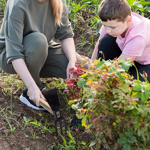 Miniatura 8 de YAPASPT Mini azada y cultivador azada de mano de jardín y cerdilla 3 puntas de doble cabeza de acero al carbono resistente y afilada herramientas de