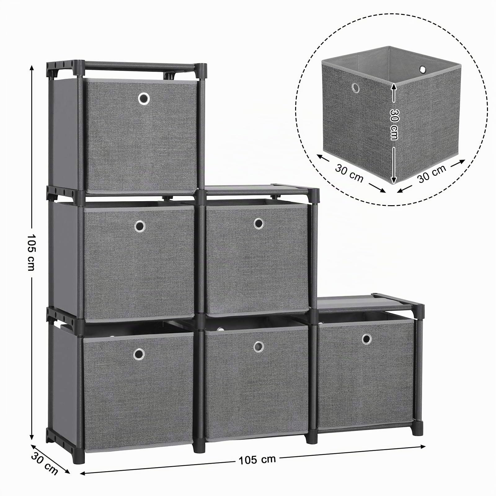 Songmics LSN66BK Étagère à emboîter 6 cubes Système de rangement avec 6 boîtes en tissu DIY Armoire multifonction avec cadre en métal robuste Marteau en caoutchouc 105 x 105 x 30 cm (l x H x P) Noir