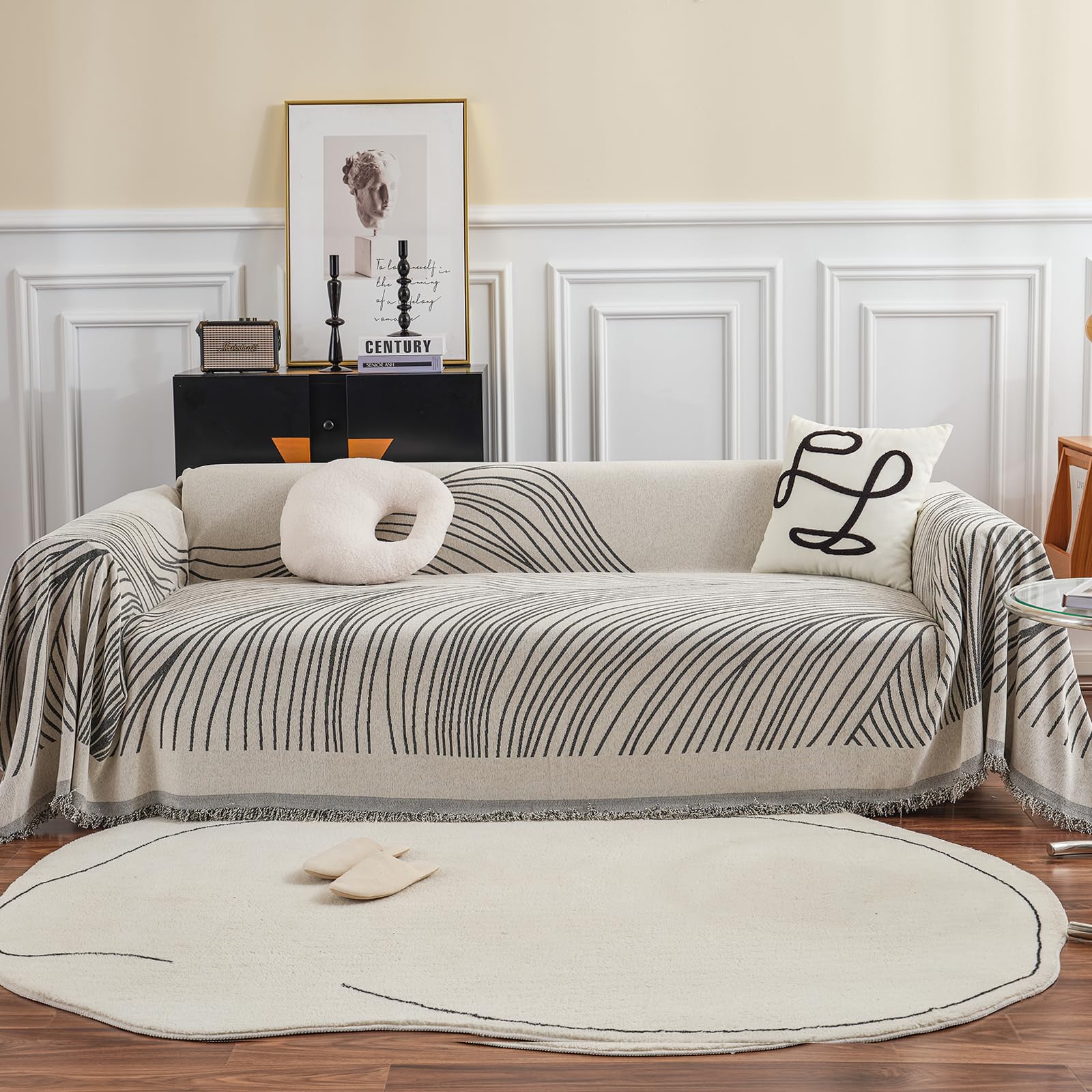 Manta para Sofa Funda de Sofá Decorativo Universal Cubre Sofas Grandes Abstracción Geometría Líneas Multifuncional Suave Cómodo Cubre Sofas 180 * 300cm Gris