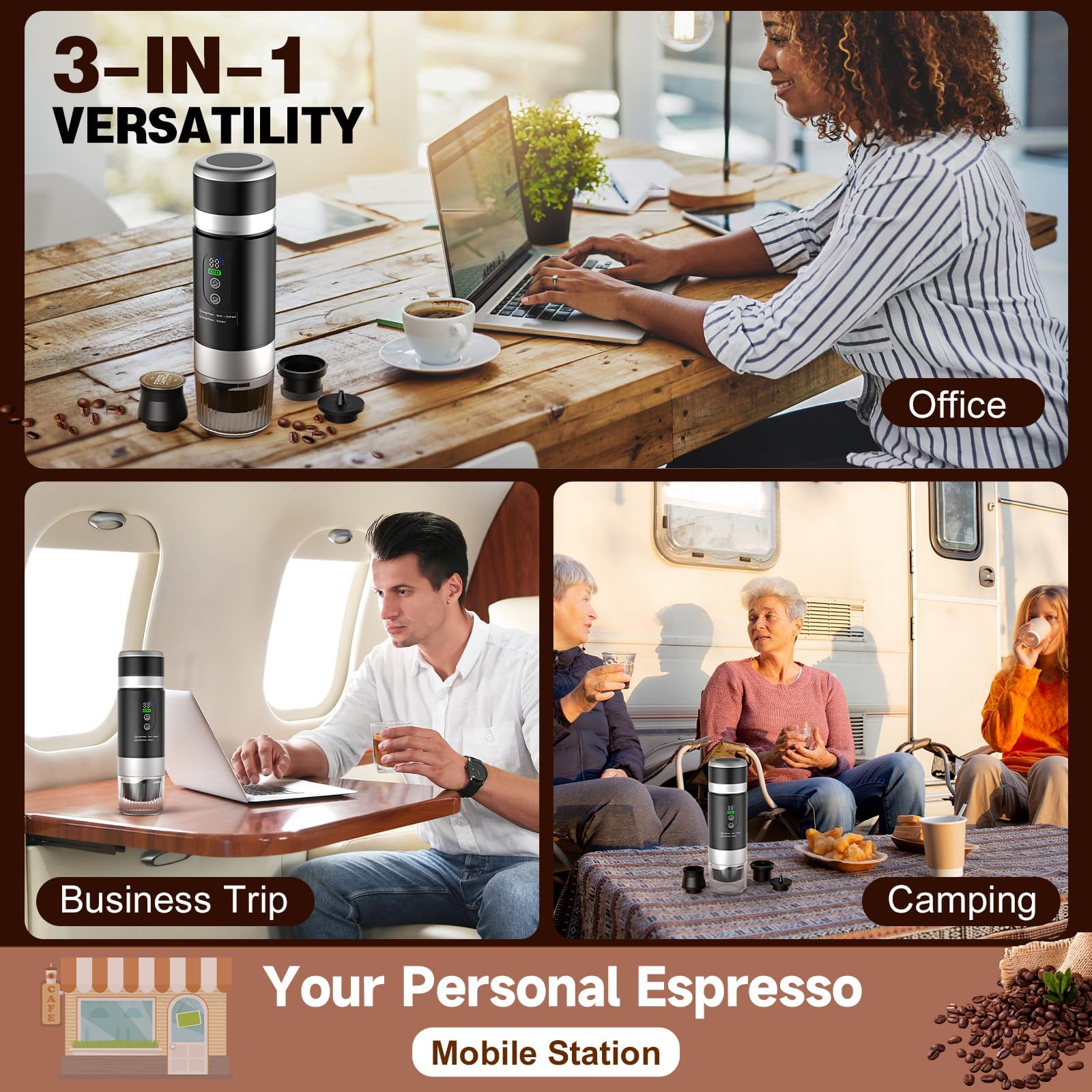 Macchina da Caffè Espresso Elettrica Portatile, Caffettiera Portatile 3-in-1 con batteria 2 x 7500 mAh, 20 Bar, con USB-C, Compatibile con Piccole Capsule, Grandi Capsule, Caffe Macinato