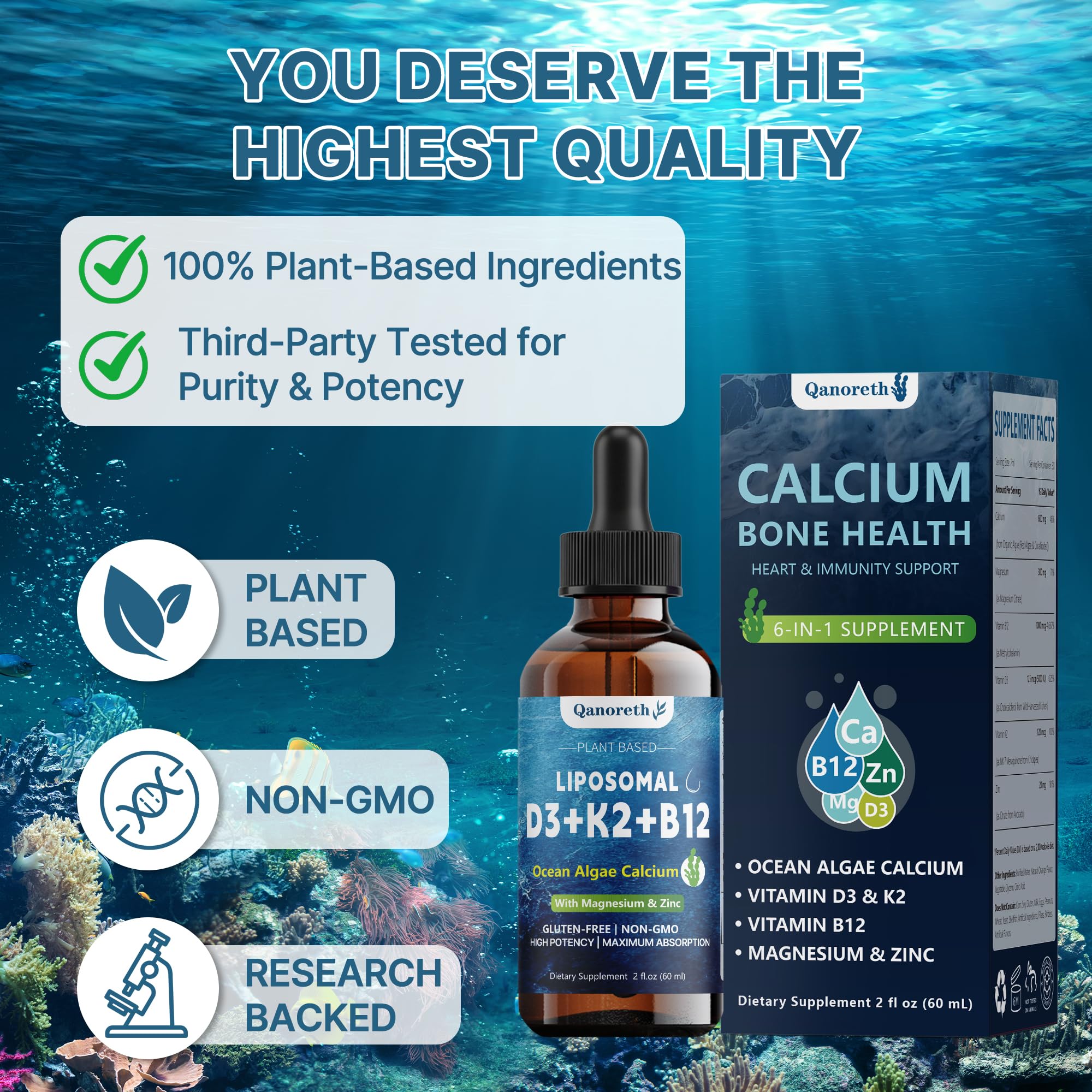 6-in-1 Liposomal Calcium 600 mg, Vitamin D3 & K2, Plant Based Vegan Liquid Algae Ca-lcium & Magnesium Zinc D3 5000 IU Supplement + K2 MK7 + Methyl B12, Maximum Absorption for Bone,Heart&Immune Health — Amazon image 7