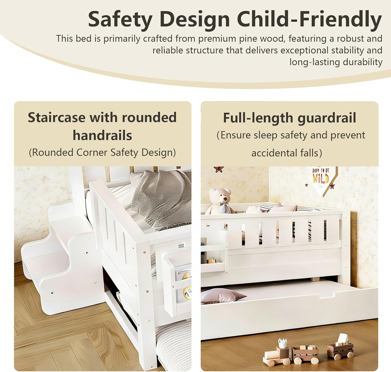 Bellemave Twin Size Kids Platform Bed with Trundle and Staircase, Wooden Twin Floor Bed Frame with Safety Rails and Bookshelf for Girls Boys, White